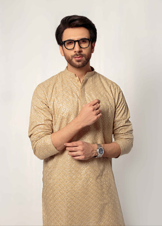 Beige Men's kurta Embroidered (Chikan Kari)