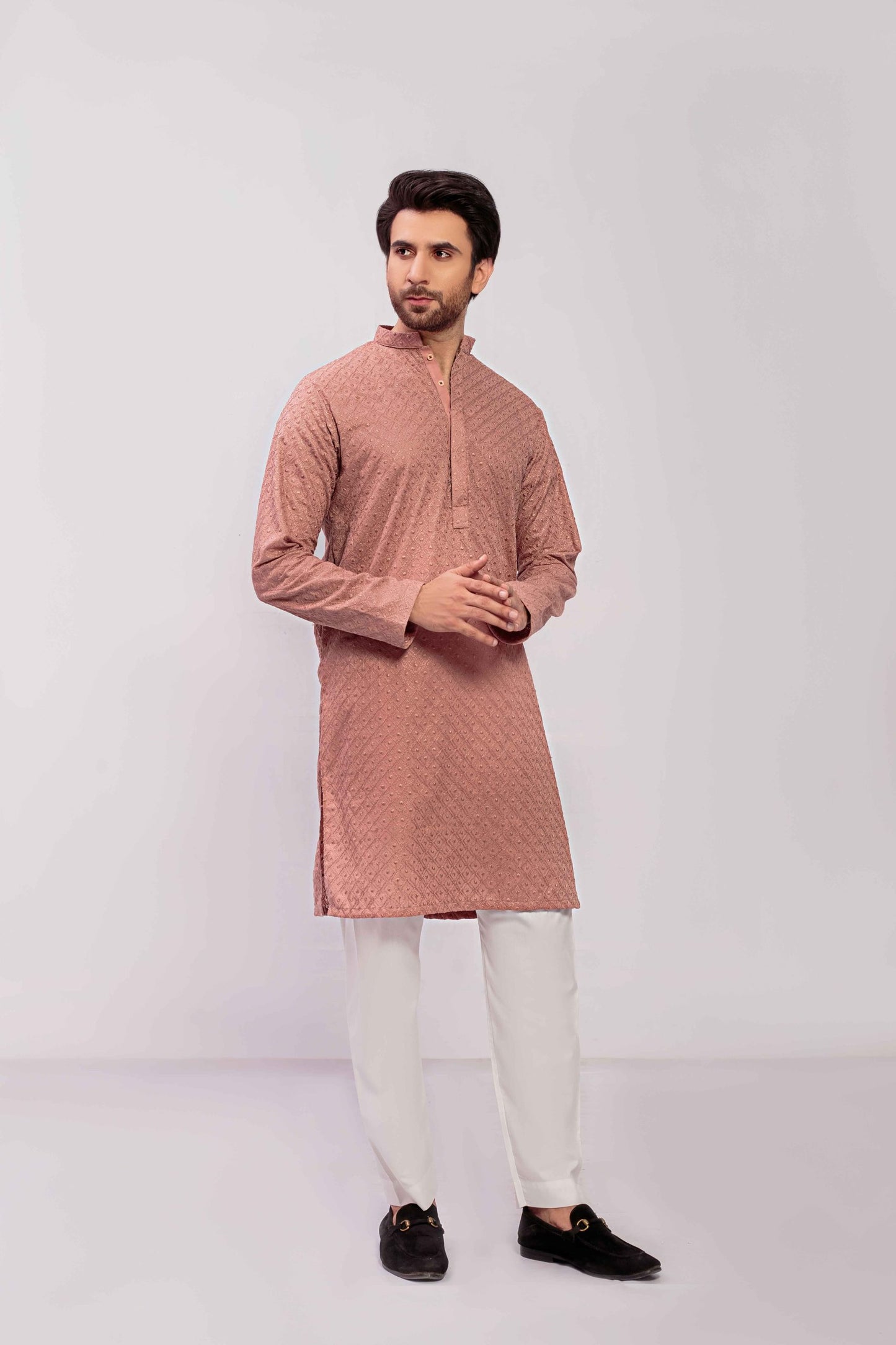Tea pink Men's kurta Embroidered (Chikan Kari)