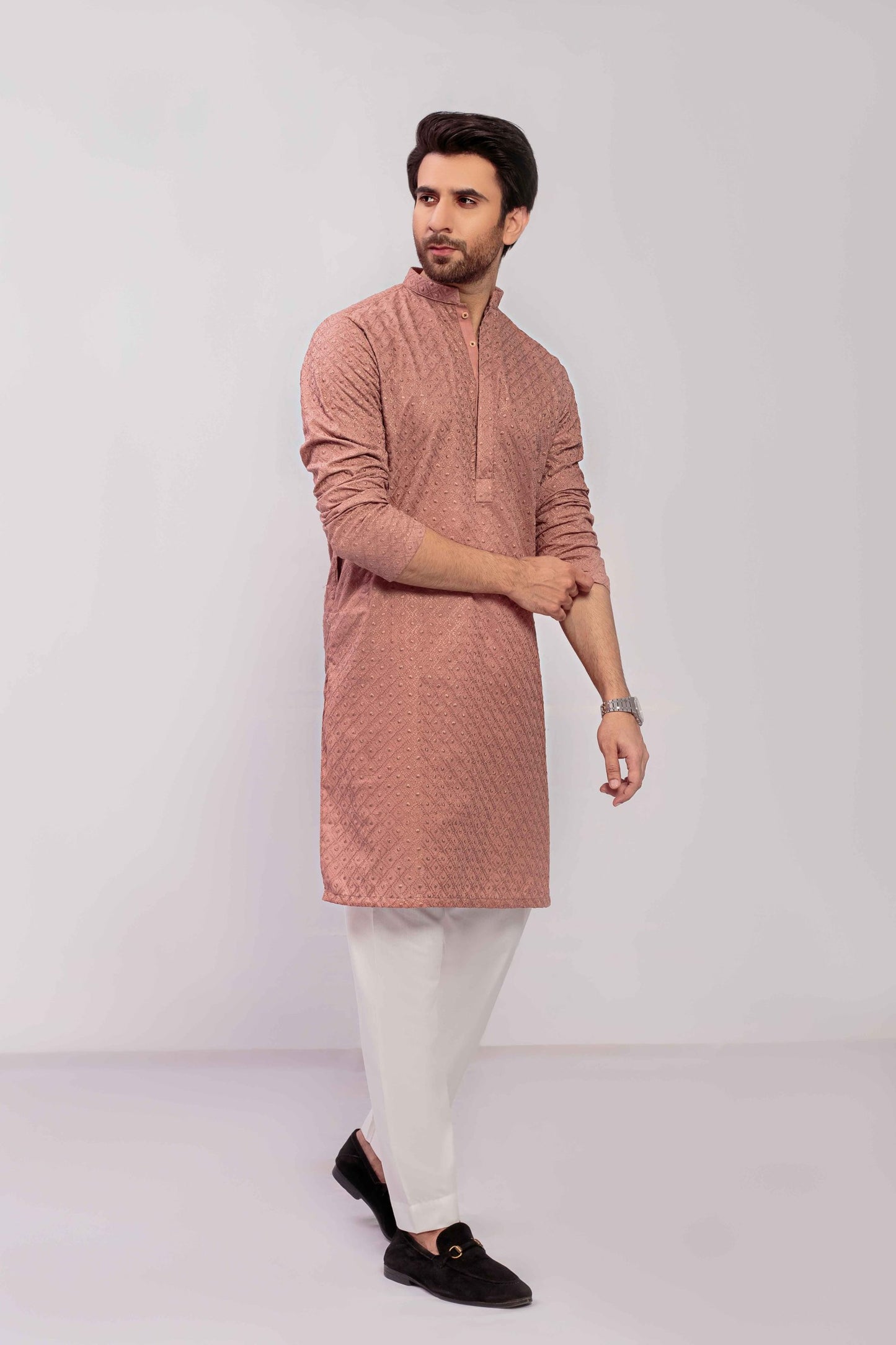 Tea pink Men's kurta Embroidered (Chikan Kari)