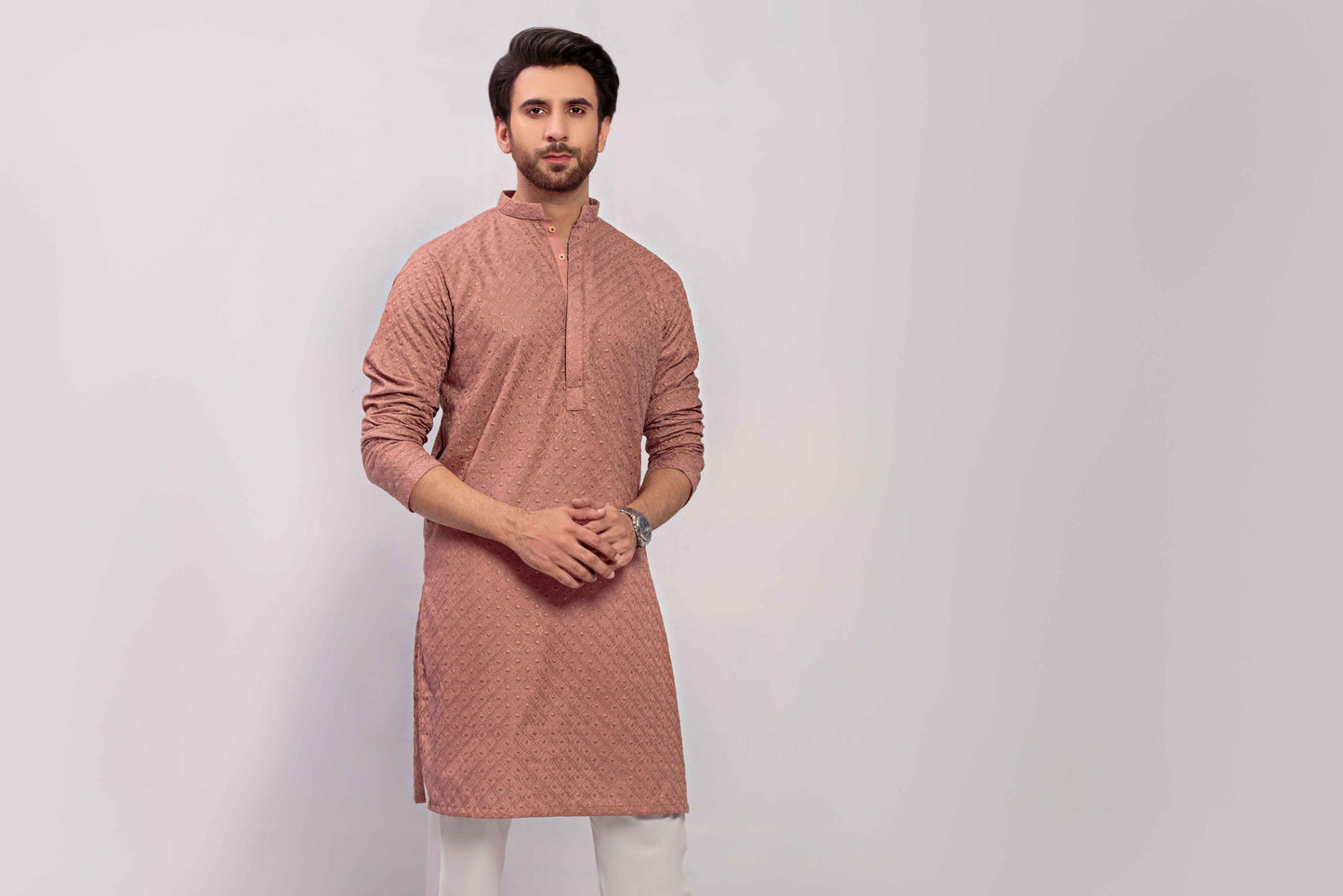 Tea pink Men's kurta Embroidered (Chikan Kari)