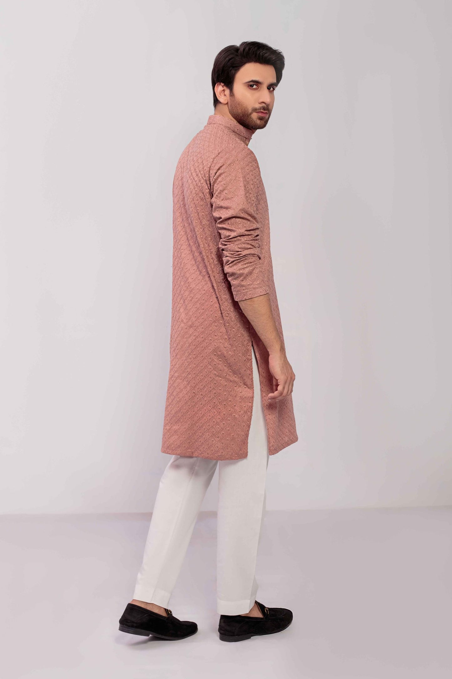 Tea pink Men's kurta Embroidered (Chikan Kari)