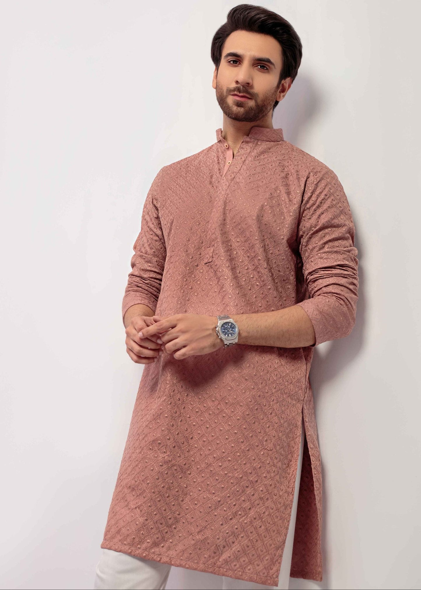 Tea pink Men's kurta Embroidered (Chikan Kari)