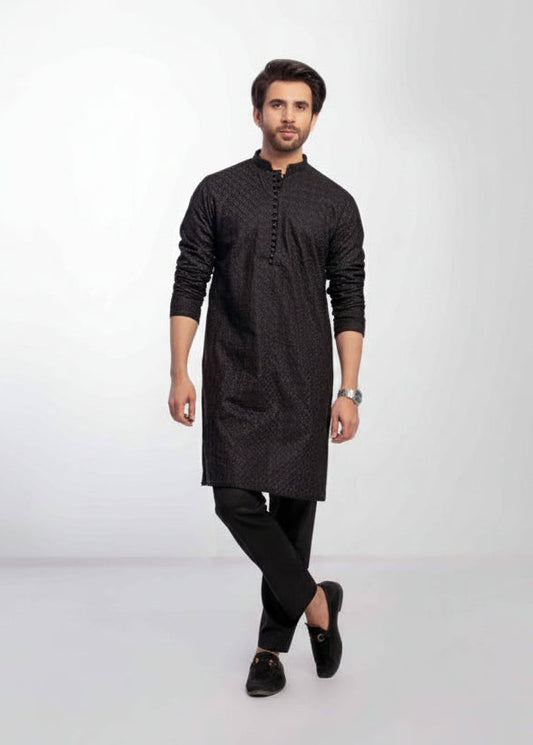 Black Men's kurta Pajama Embroidered (Chikan Kari)