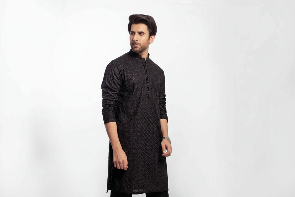 Black Men's kurta Pajama Set Embroidered (Chikan Kari)