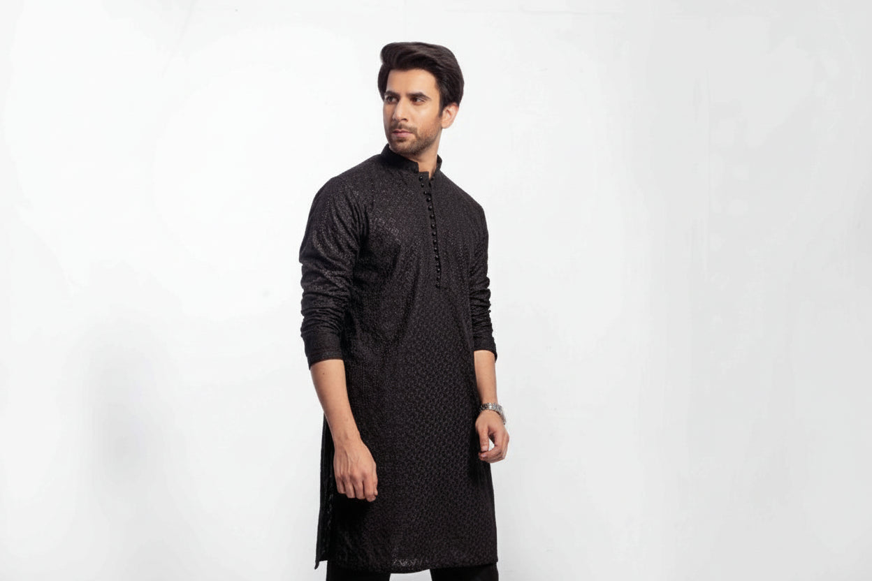 Black Men's kurta Pajama Set Embroidered (Chikan Kari)
