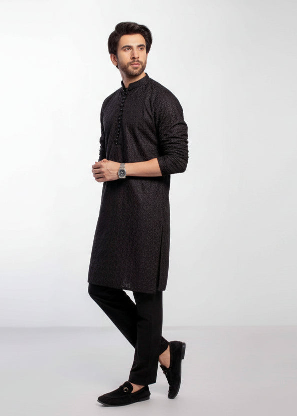 Black Men's kurta Pajama Embroidered (Chikan Kari)