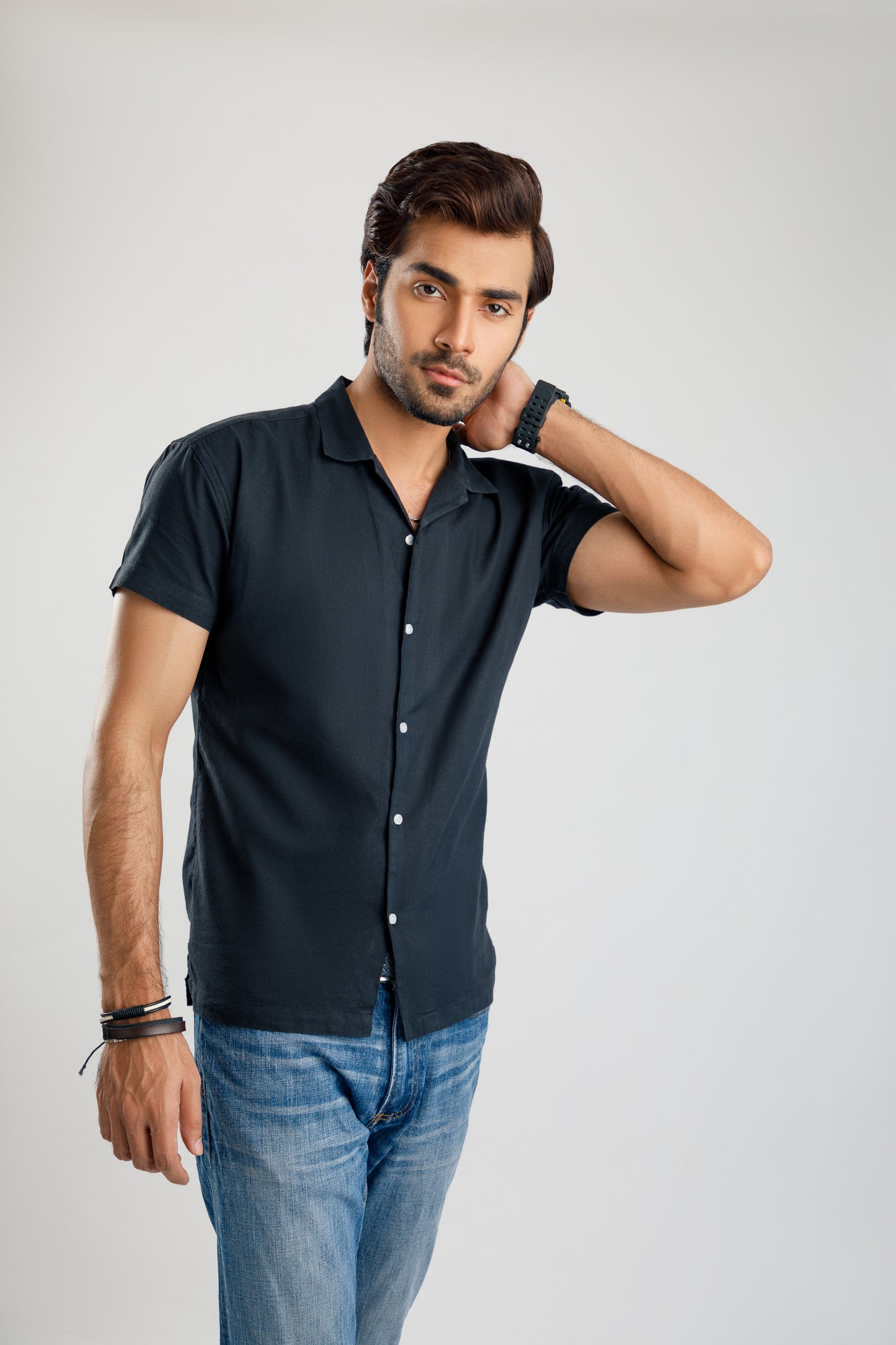 Men's Korean style black cuban collar shirt.