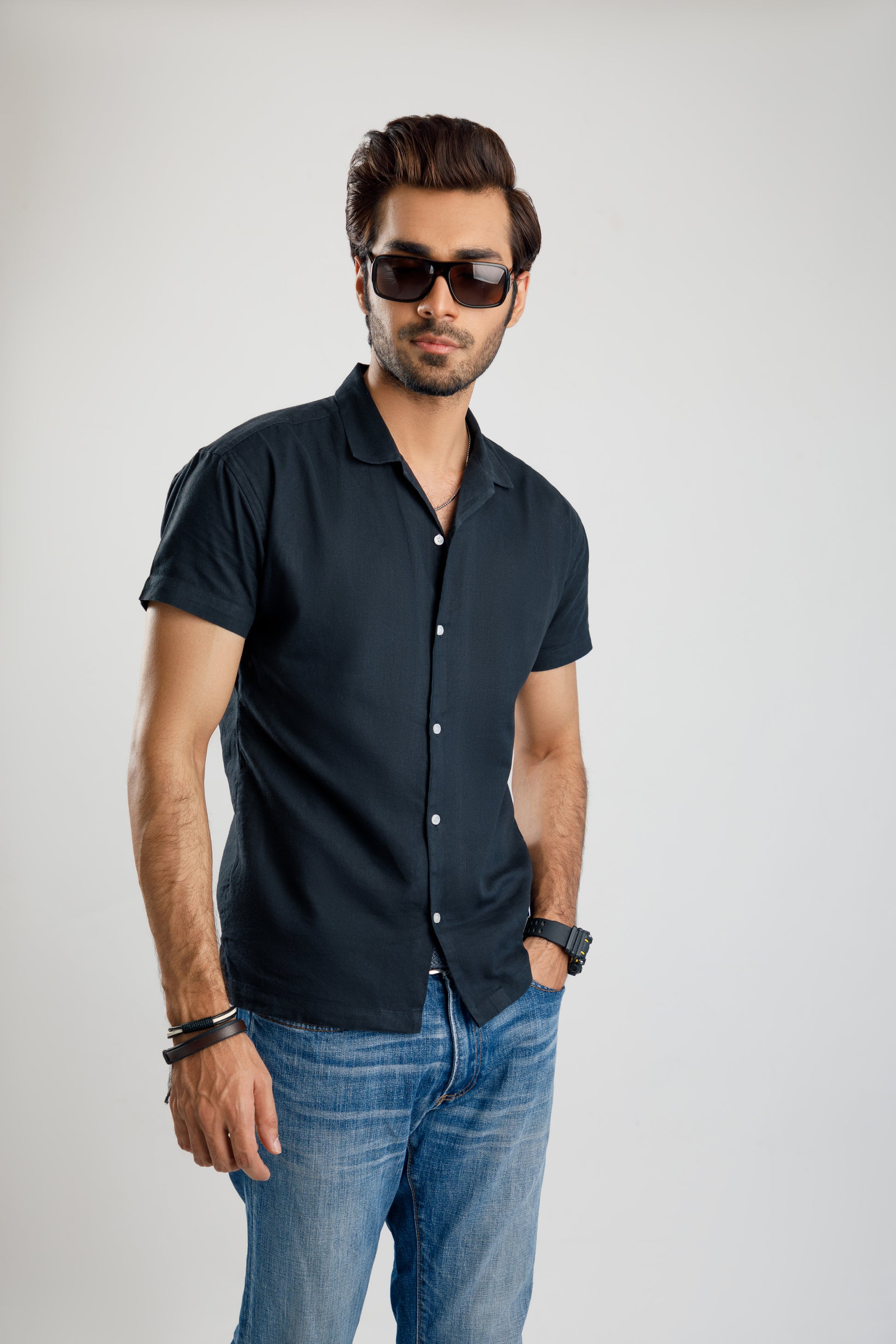 Men's Korean style black cuban collar shirt.