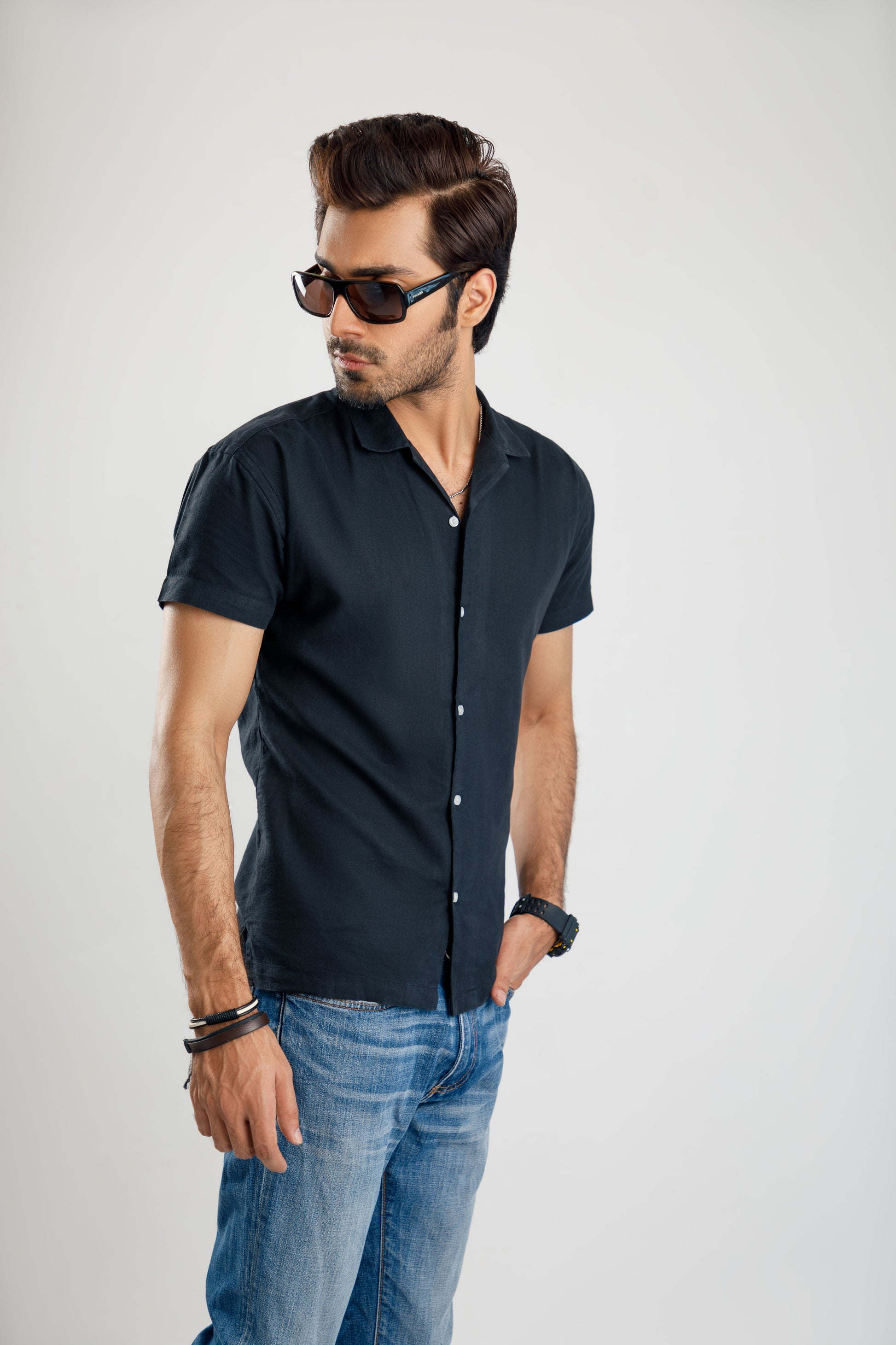 Men's Korean style black cuban collar shirt.