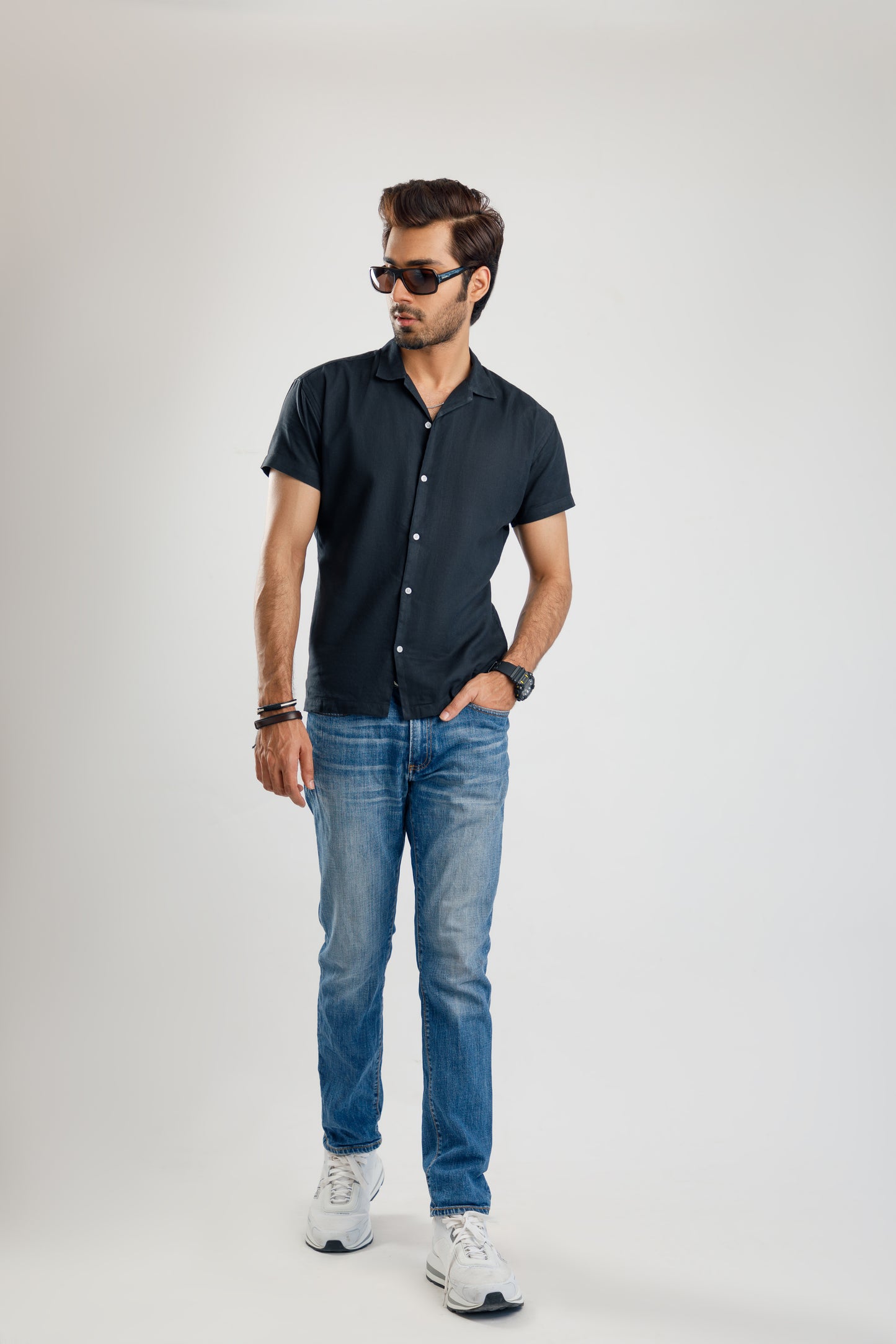 Men's Korean style black cuban collar shirt.