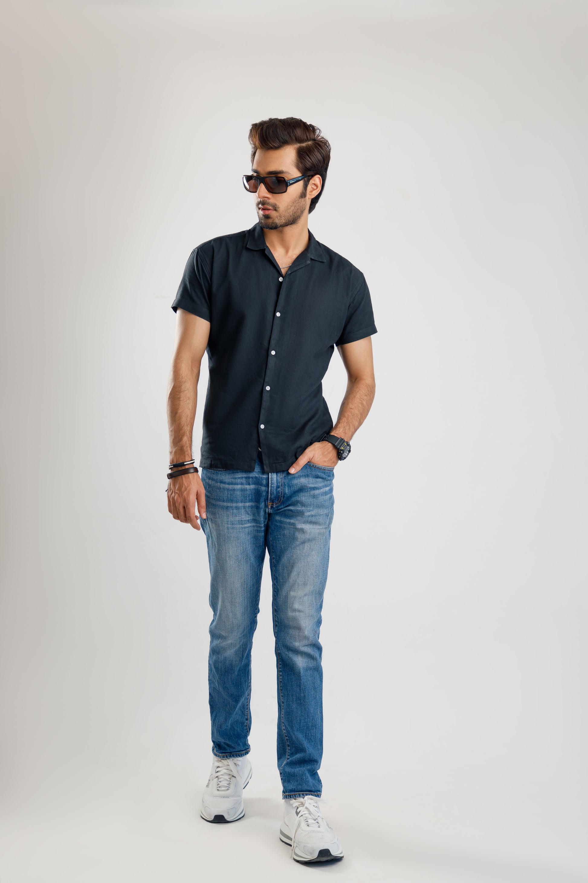 Men's Korean style black cuban collar shirt.