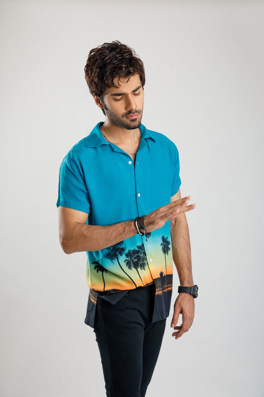 Beach Sunset Cuban collar  printed shirt