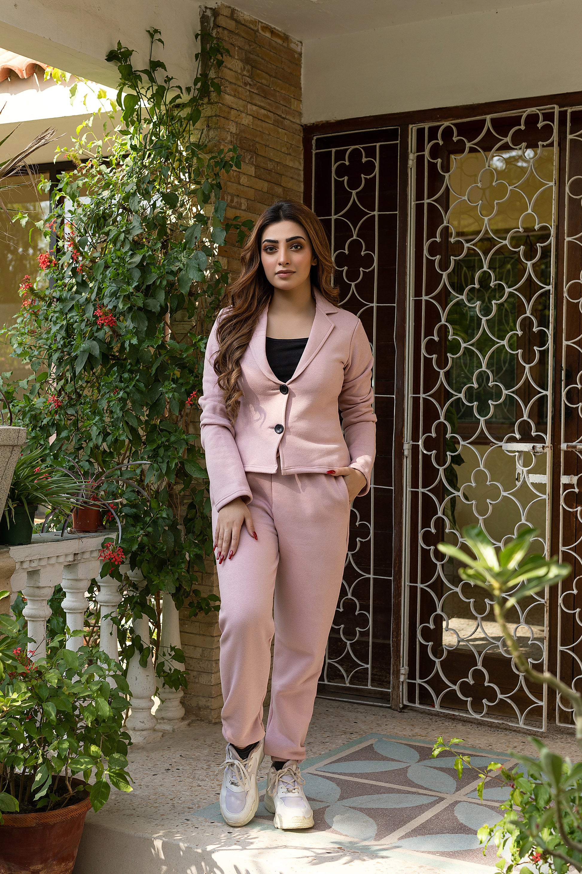 Women's tea pink fleece coat style tracksuit.