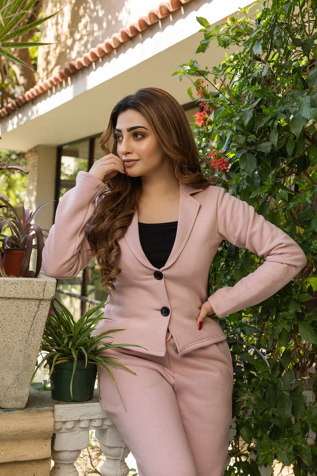 Women's tea pink fleece coat style tracksuit.