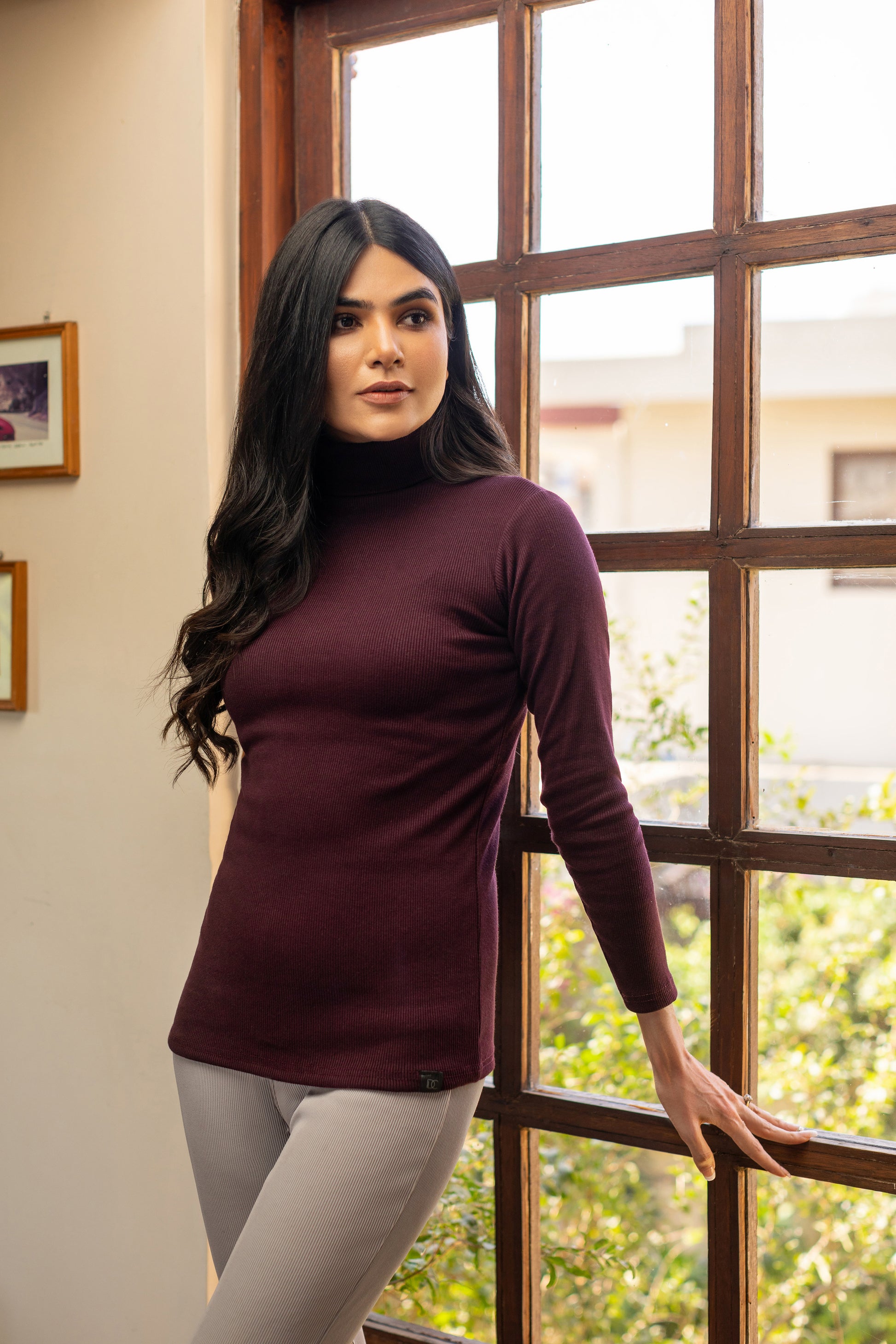 Women's maroon rib highneck.