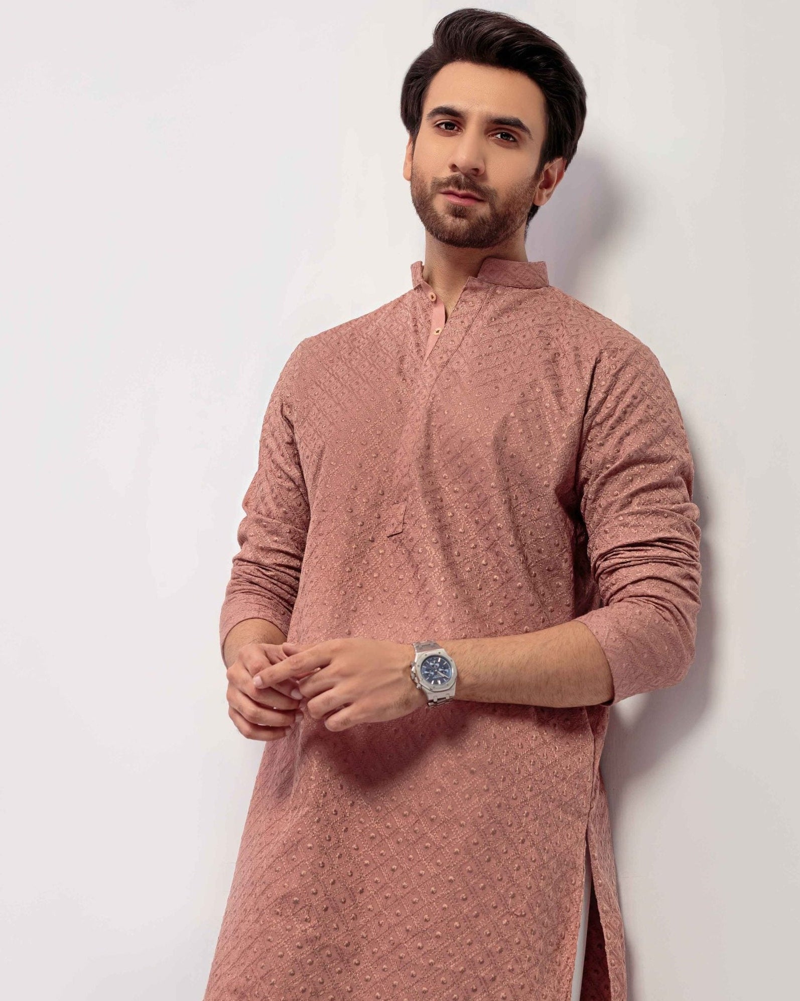 Tea pink Men's kurta Embroidered (Chikan Kari)